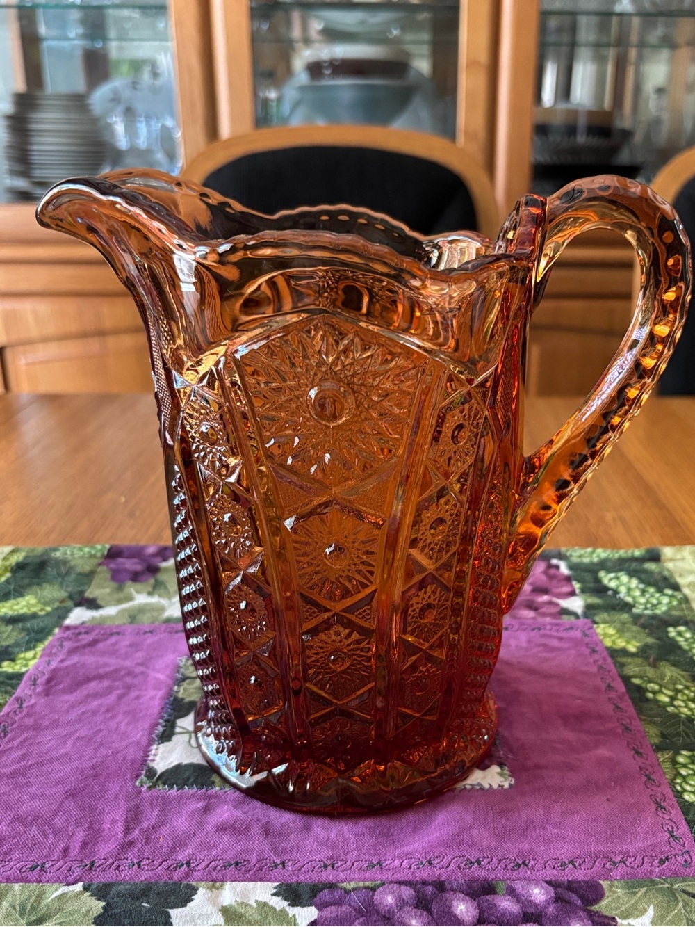 Vintage Indiana Tiara Exclusive Monarch Pattern Coral Pressed Glass Pitcher